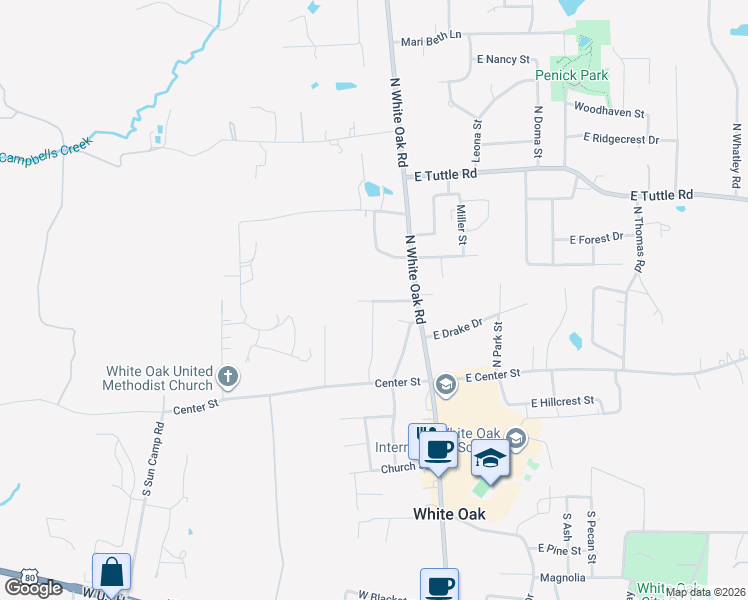 map of restaurants, bars, coffee shops, grocery stores, and more near 110 West Ruth Street in White Oak