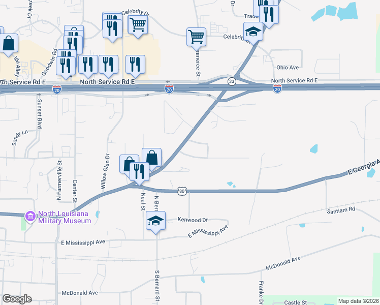 map of restaurants, bars, coffee shops, grocery stores, and more near 1310 Brewster Avenue in Ruston