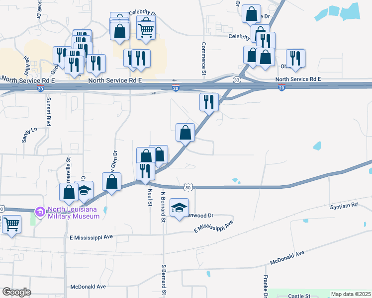 map of restaurants, bars, coffee shops, grocery stores, and more near 1309 Farmerville Highway in Ruston