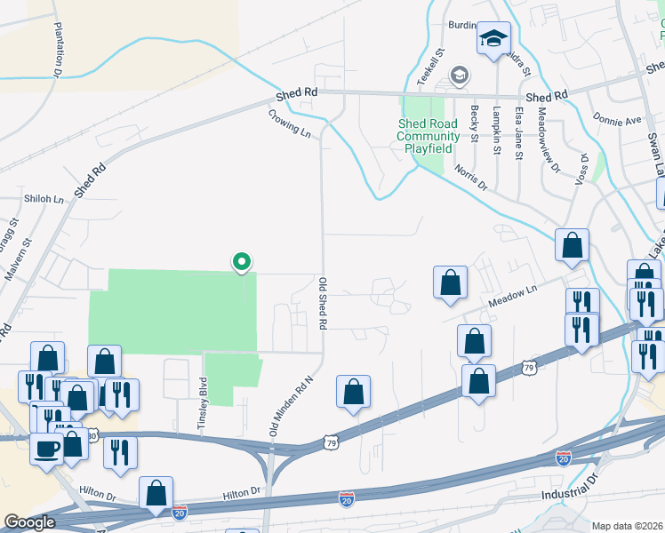 map of restaurants, bars, coffee shops, grocery stores, and more near 3713-3747 Old Shed Road in Bossier City