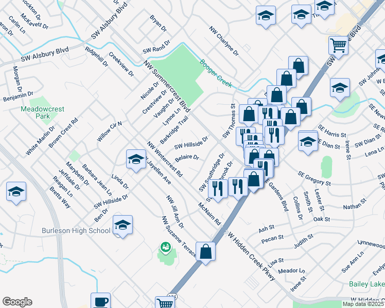 map of restaurants, bars, coffee shops, grocery stores, and more near 816 Belaire Drive in Burleson