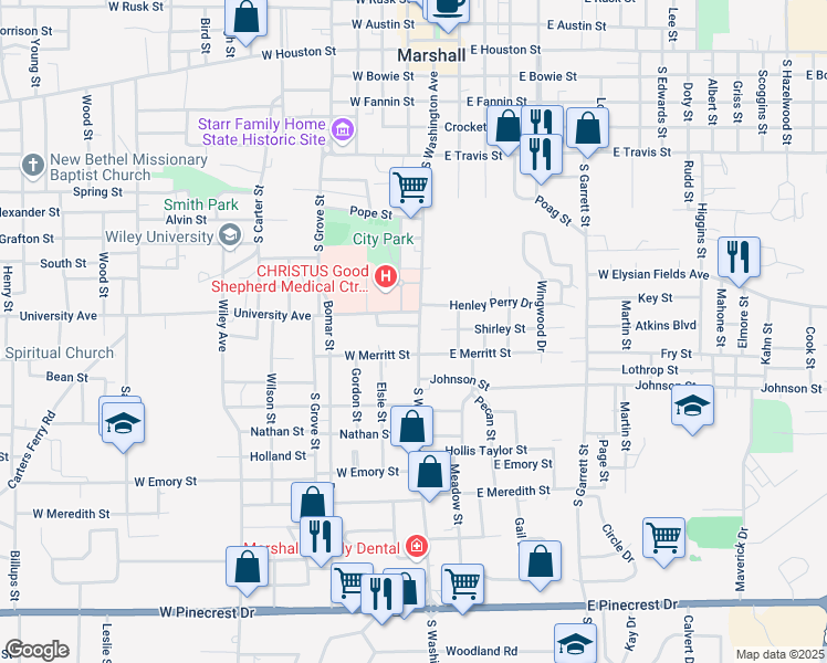 map of restaurants, bars, coffee shops, grocery stores, and more near 101 Riggs Circle in Marshall