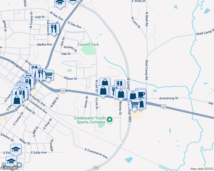 map of restaurants, bars, coffee shops, grocery stores, and more near 1006 Forest Hill in Gladewater