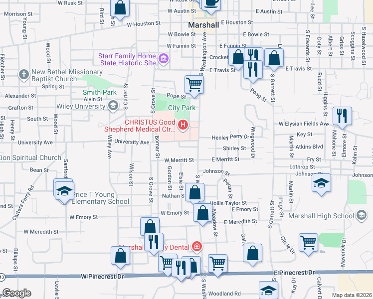 map of restaurants, bars, coffee shops, grocery stores, and more near 103 Ridgeway in Marshall