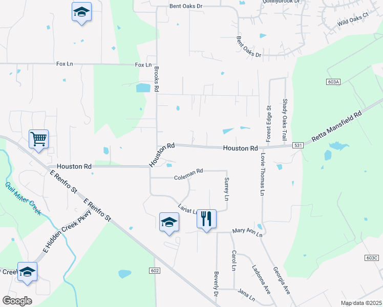 map of restaurants, bars, coffee shops, grocery stores, and more near 1940 Houston Road in Burleson