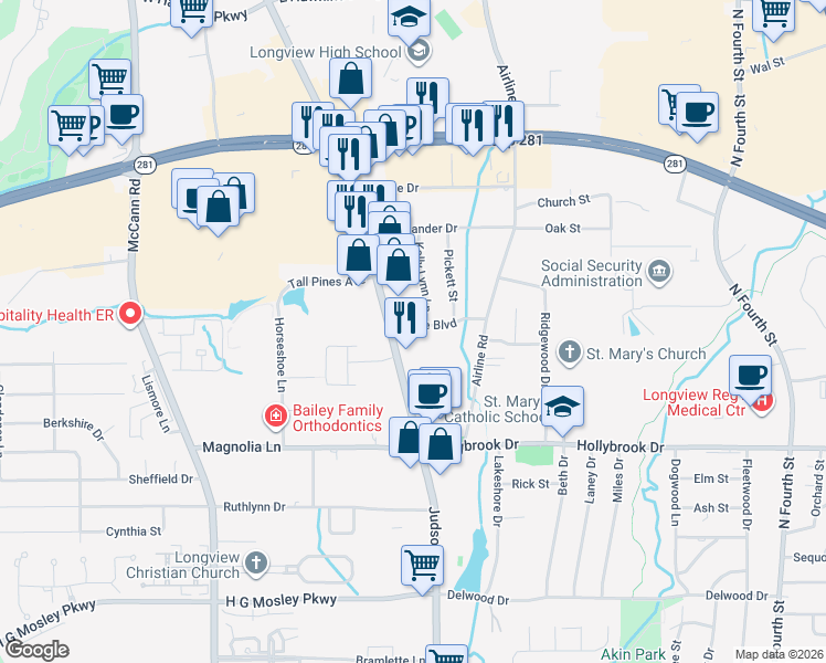 map of restaurants, bars, coffee shops, grocery stores, and more near 104 Drake Boulevard in Longview