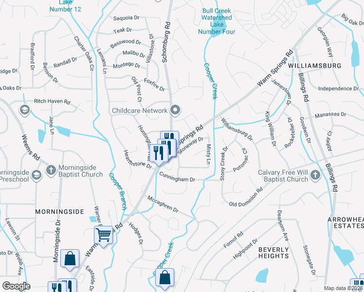map of restaurants, bars, coffee shops, grocery stores, and more near 5155 Warm Springs Road in Columbus