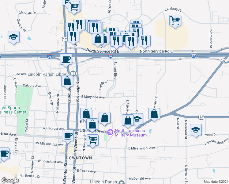 map of restaurants, bars, coffee shops, grocery stores, and more near 517 Melton Drive in Ruston