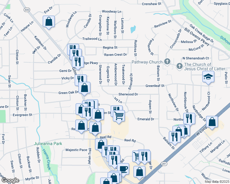 map of restaurants, bars, coffee shops, grocery stores, and more near 312 Greenleaf Street in Longview