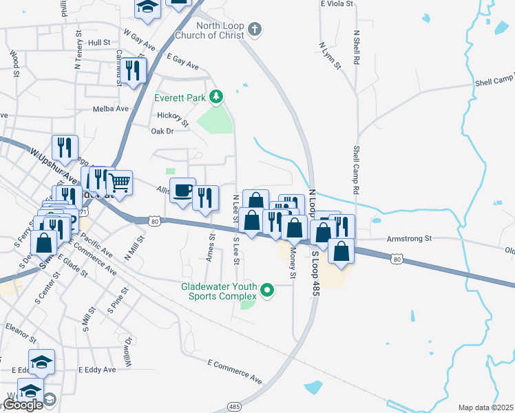 map of restaurants, bars, coffee shops, grocery stores, and more near 1006 Forest Hill in Gladewater