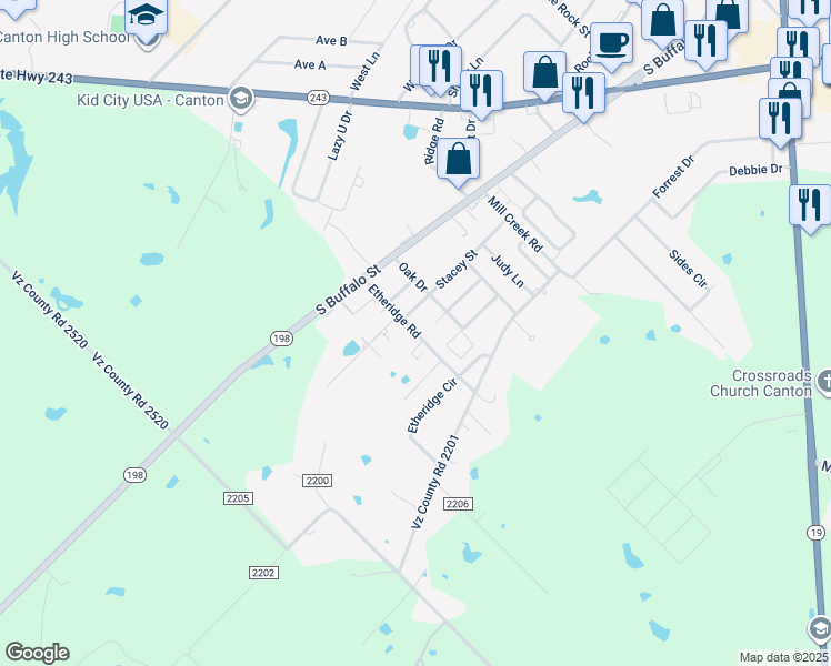 map of restaurants, bars, coffee shops, grocery stores, and more near 1815 Oak Circle in Canton