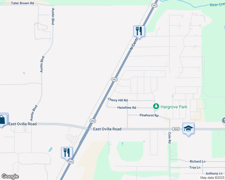 map of restaurants, bars, coffee shops, grocery stores, and more near 421 Hazeltine Road in Red Oak