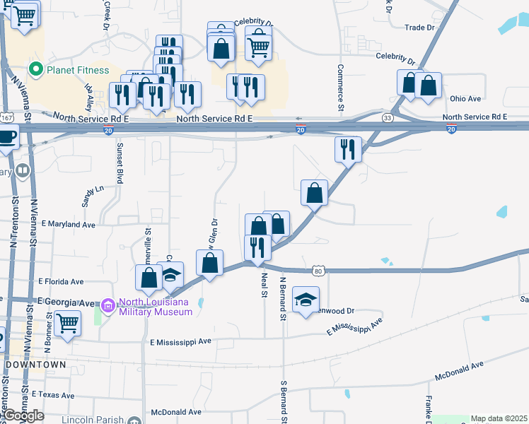 map of restaurants, bars, coffee shops, grocery stores, and more near 819 Ponder Street in Ruston