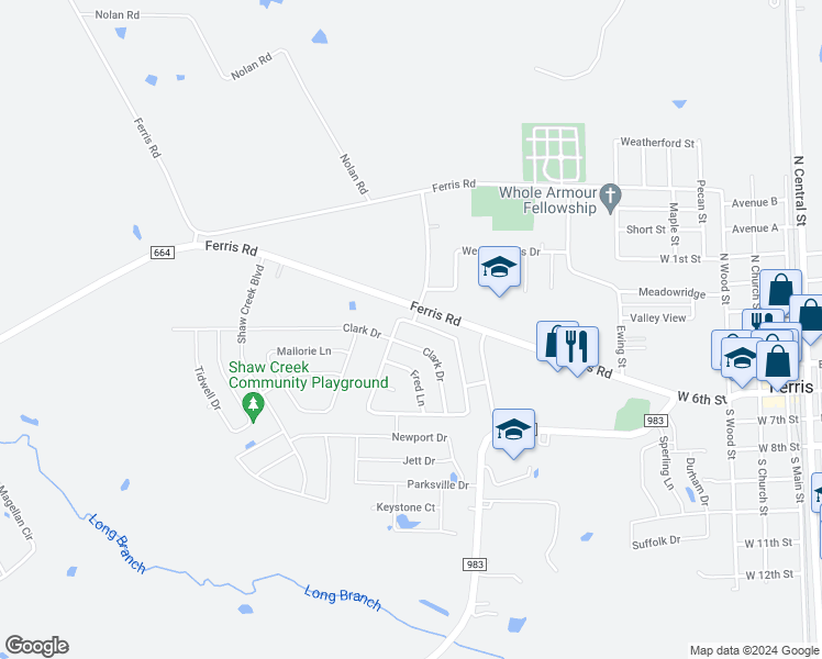 map of restaurants, bars, coffee shops, grocery stores, and more near 601 Jennie Marie Circle in Ferris