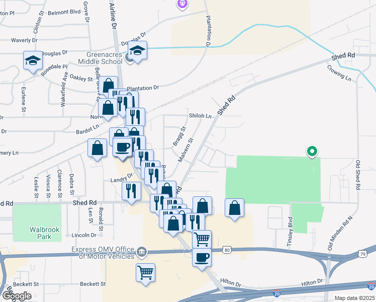 map of restaurants, bars, coffee shops, grocery stores, and more near 3106 Malvern Street in Bossier City