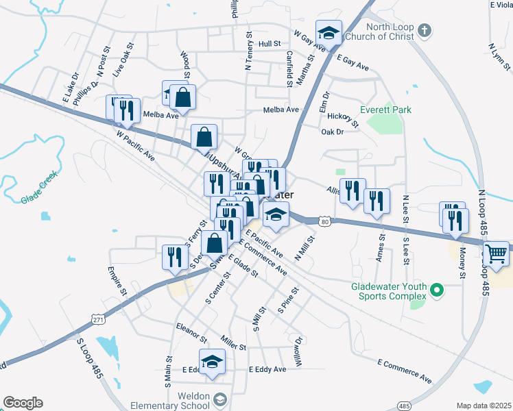 map of restaurants, bars, coffee shops, grocery stores, and more near 213 North Main Street in Gladewater
