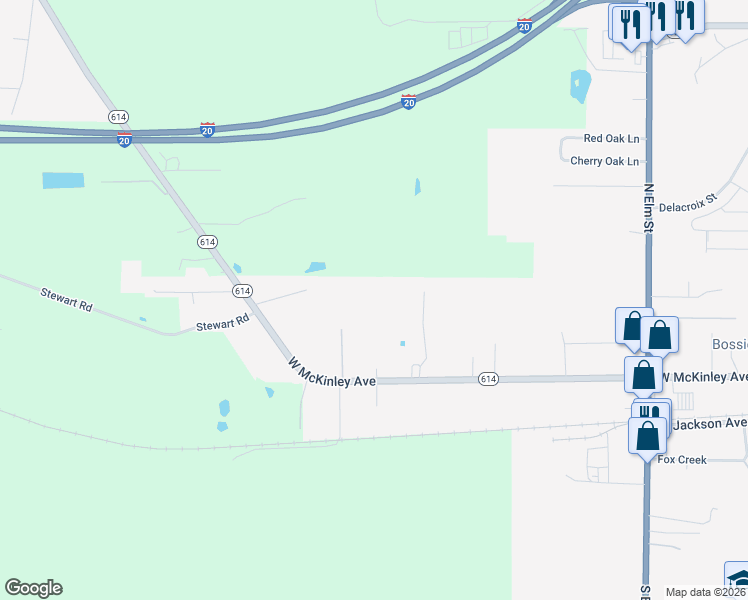 map of restaurants, bars, coffee shops, grocery stores, and more near 1363 Louisiana 614 in Haughton