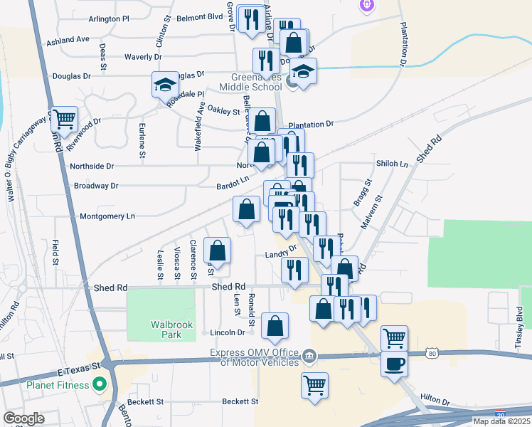 map of restaurants, bars, coffee shops, grocery stores, and more near 1524 Doctors Drive in Bossier City