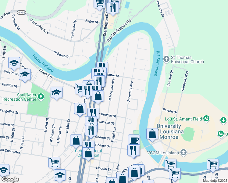 map of restaurants, bars, coffee shops, grocery stores, and more near 1515 Filhiol Ave in Monroe