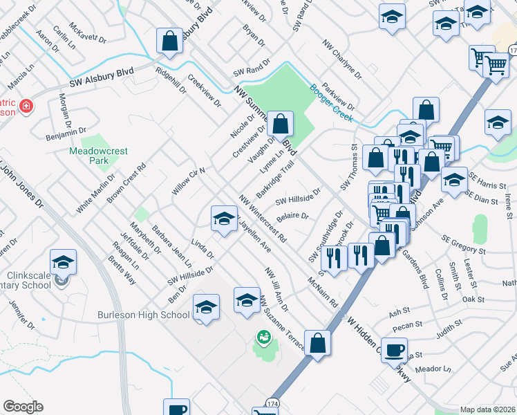 map of restaurants, bars, coffee shops, grocery stores, and more near 829 Barkridge Trail in Burleson