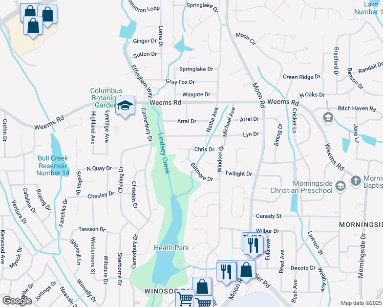 map of restaurants, bars, coffee shops, grocery stores, and more near in Columbus