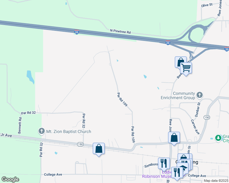 map of restaurants, bars, coffee shops, grocery stores, and more near 183-475 Par Road 109 in Grambling