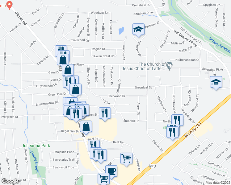 map of restaurants, bars, coffee shops, grocery stores, and more near 110 Emerald Drive in Longview