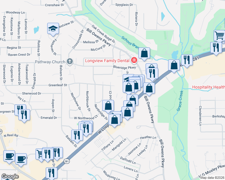 map of restaurants, bars, coffee shops, grocery stores, and more near 1824 Northwood Court in Longview