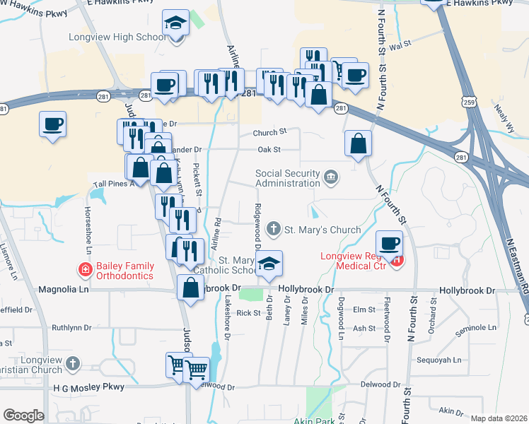 map of restaurants, bars, coffee shops, grocery stores, and more near 2314 Ridgewood Drive in Longview
