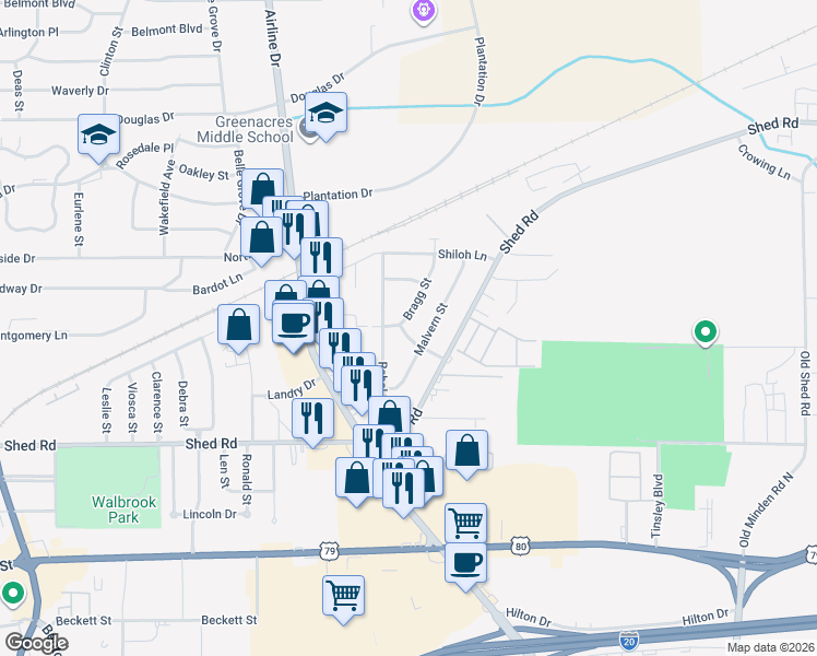 map of restaurants, bars, coffee shops, grocery stores, and more near 3104 Bragg Street in Bossier City