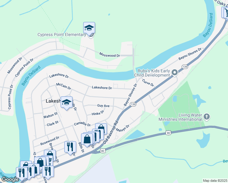 map of restaurants, bars, coffee shops, grocery stores, and more near 727-729 Lakeshore Dr in Monroe