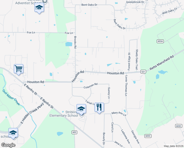 map of restaurants, bars, coffee shops, grocery stores, and more near 1940 Houston Road in Burleson