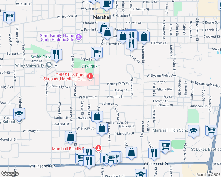 map of restaurants, bars, coffee shops, grocery stores, and more near 200 Henley Perry Drive in Marshall