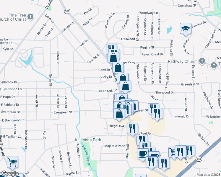 map of restaurants, bars, coffee shops, grocery stores, and more near 2701 Gilmer Road in Longview