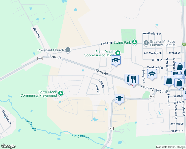 map of restaurants, bars, coffee shops, grocery stores, and more near 512 Jennie Marie Circle in Ferris