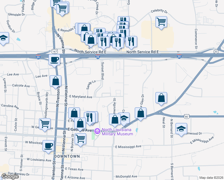 map of restaurants, bars, coffee shops, grocery stores, and more near 822 Melissa Street in Ruston