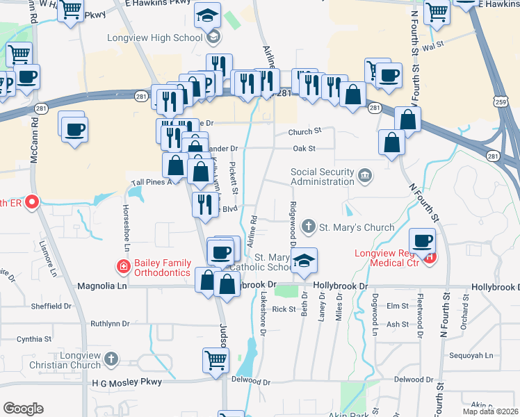 map of restaurants, bars, coffee shops, grocery stores, and more near 5 Finch Drive in Longview