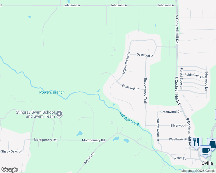 map of restaurants, bars, coffee shops, grocery stores, and more near 304 Willow Creek Lane in Ovilla