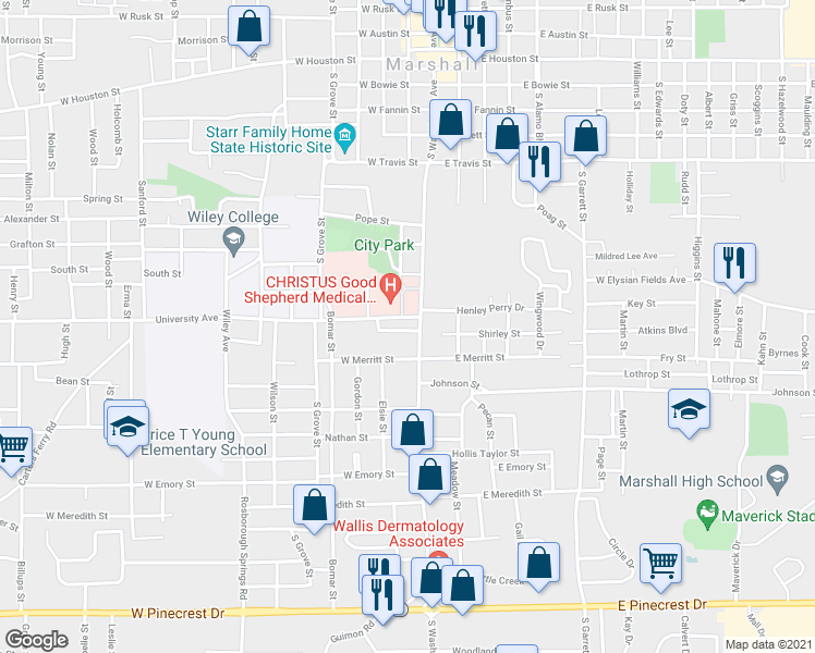 map of restaurants, bars, coffee shops, grocery stores, and more near 103 Riggs Circle in Marshall