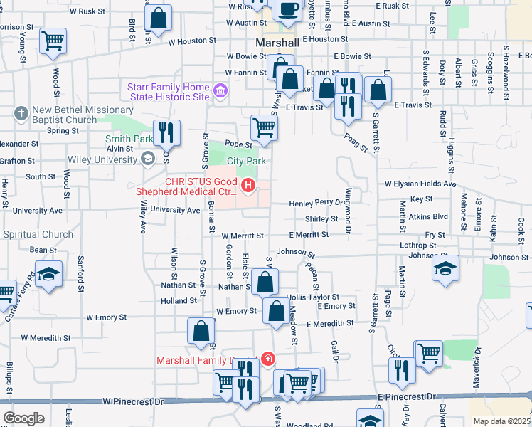 map of restaurants, bars, coffee shops, grocery stores, and more near 101 Riggs Circle in Marshall