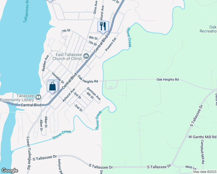 map of restaurants, bars, coffee shops, grocery stores, and more near 368 Oak Heights Road in Dadeville