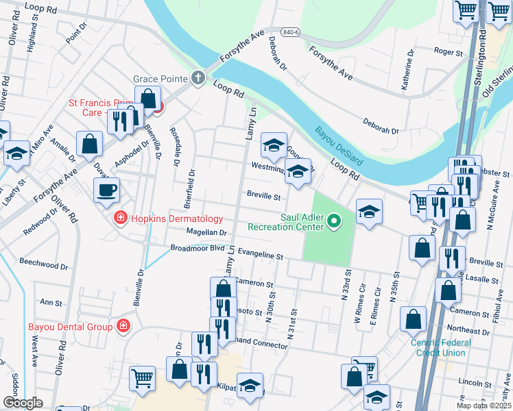 map of restaurants, bars, coffee shops, grocery stores, and more near 2900 Breville Street in Monroe