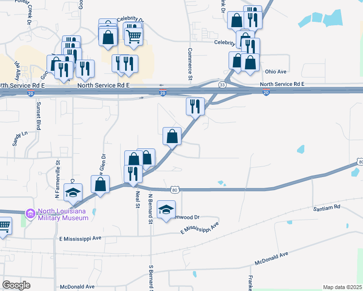 map of restaurants, bars, coffee shops, grocery stores, and more near 1309 Farmerville Highway in Ruston