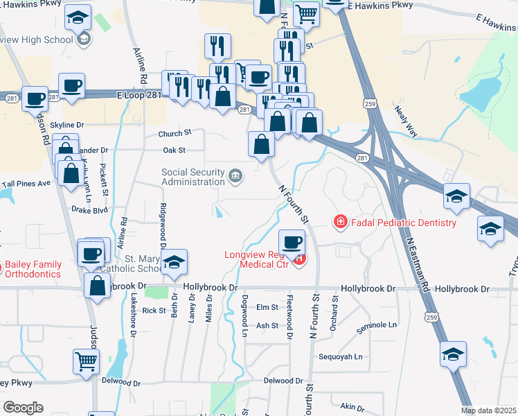 map of restaurants, bars, coffee shops, grocery stores, and more near 3201 North Fourth Street in Longview