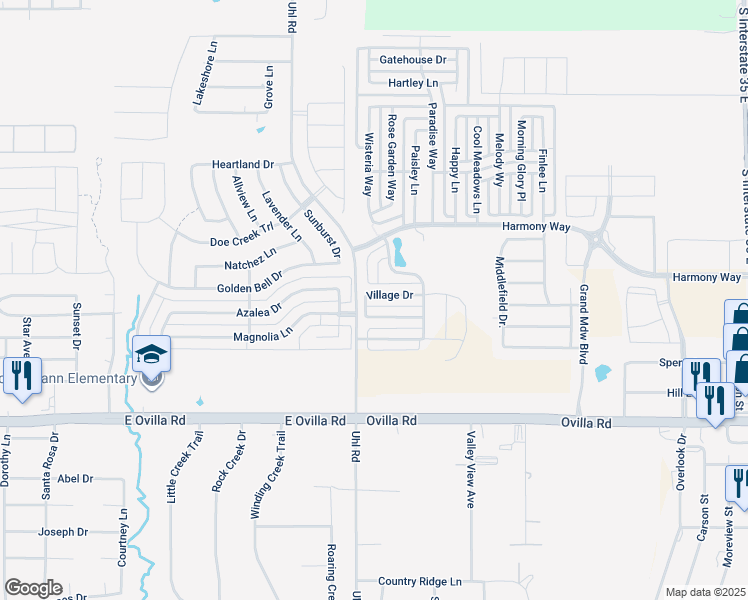 map of restaurants, bars, coffee shops, grocery stores, and more near 325 Village Drive in Red Oak