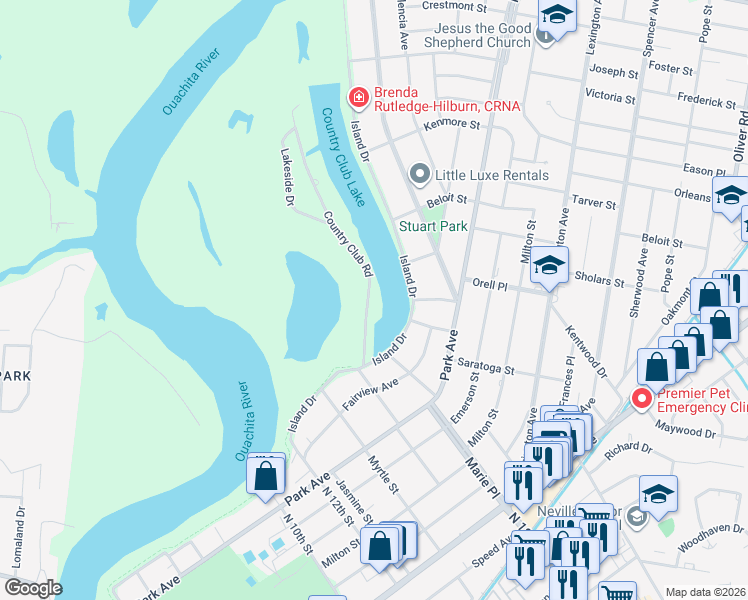 map of restaurants, bars, coffee shops, grocery stores, and more near 98 Country Club Road in Monroe