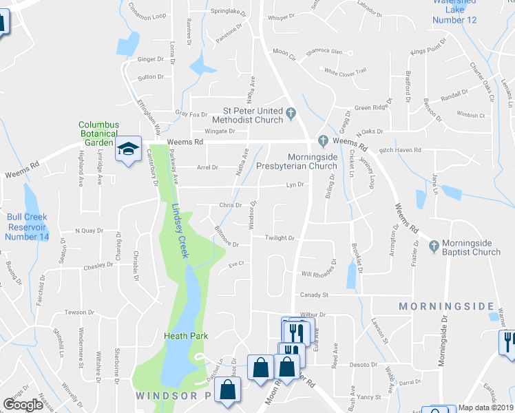 map of restaurants, bars, coffee shops, grocery stores, and more near 6250 Windsor Drive in Columbus