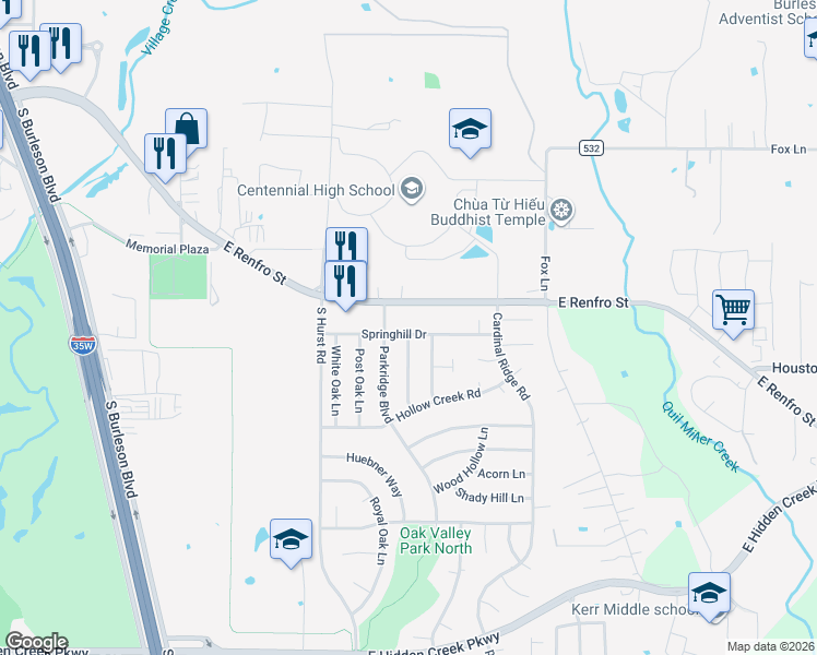 map of restaurants, bars, coffee shops, grocery stores, and more near 913 Springhill Drive in Burleson