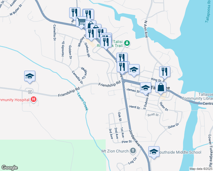 map of restaurants, bars, coffee shops, grocery stores, and more near 150 Friendship Road in Tallassee