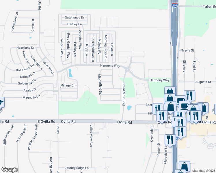 map of restaurants, bars, coffee shops, grocery stores, and more near 2614 Ovilla Road in Red Oak